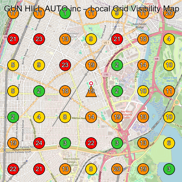 GUN HILL AUTO inc Used Car Dealer GeoGrid ranking map for Bronx NY